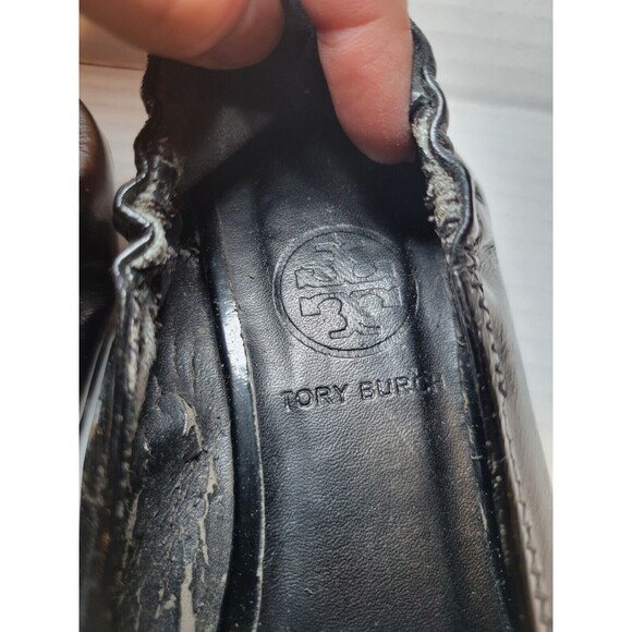 Tory Burch Leather Ballet Flats Women’s Size 7.5 Silver Medallion Black Slip Ons - Picture 4 of 9
